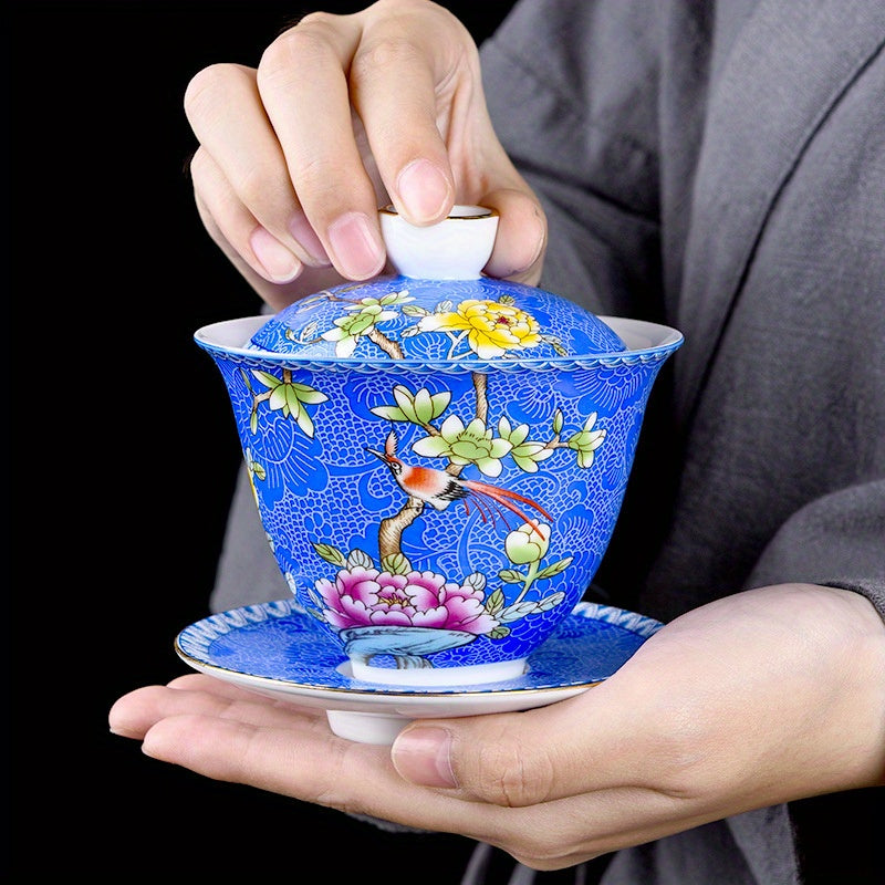 Ceramic Enamel Covered Tea Cup Set With Lid And Decor
