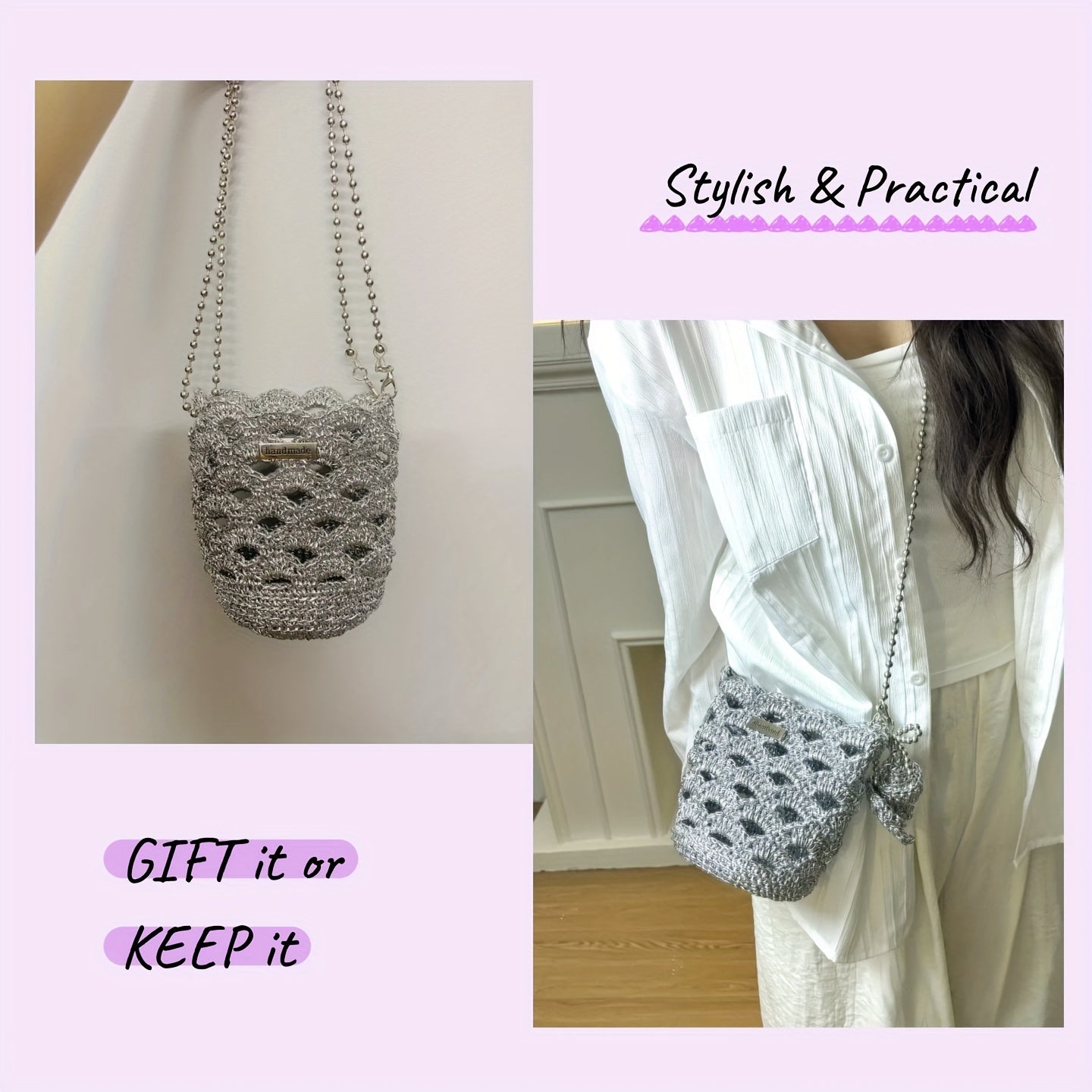 Metallic Silver Crochet Bag Kit With Beaded Chain Shell