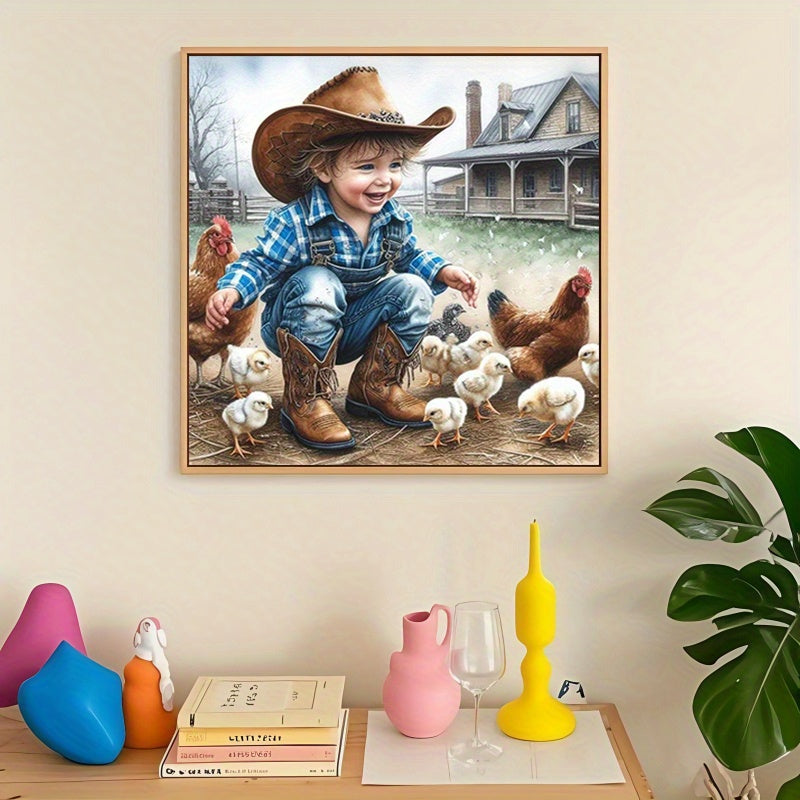 5D Diamond Painting Kit Cowboy And Chickens Round Canvas