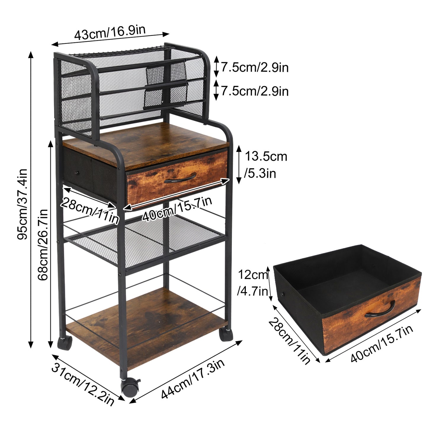 6 Tier Metal and Wood Rolling Utility Cart with Drawer