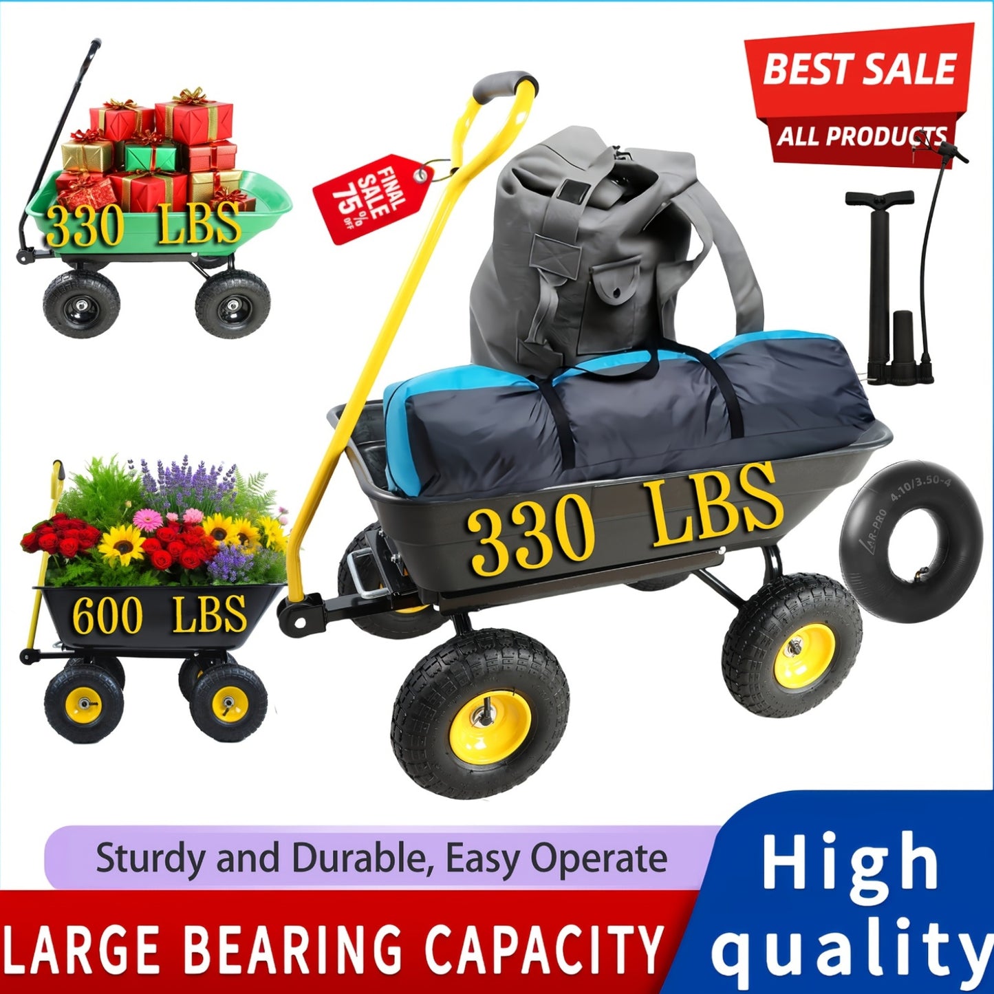 Heavy Duty Folding Wagon Cart 330 Lbs 180 Degree Swivel