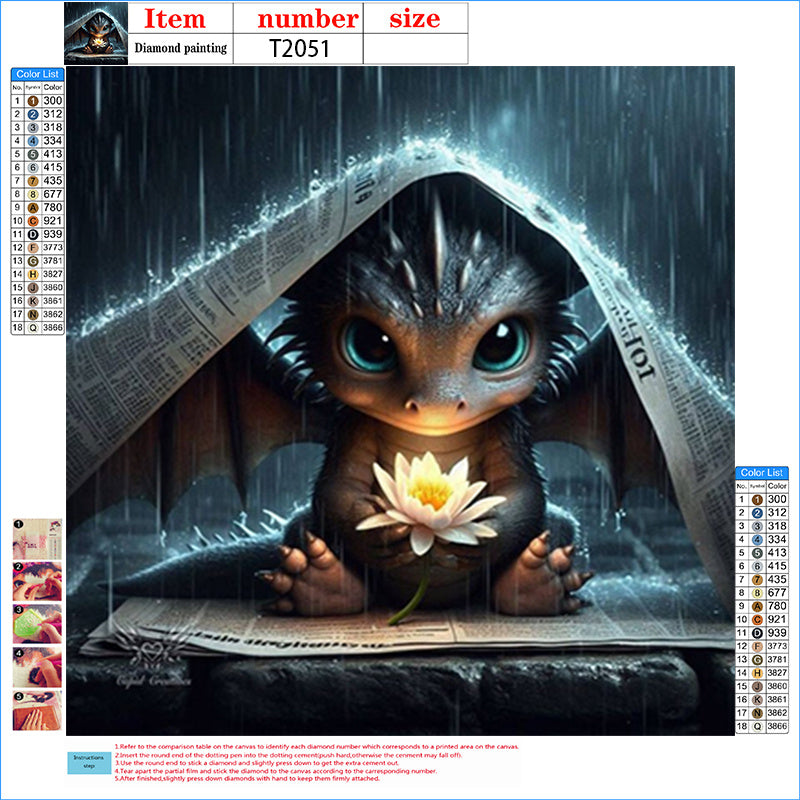 Cute Baby Dragon 5D Diamond Painting Kit With Lotus Decor