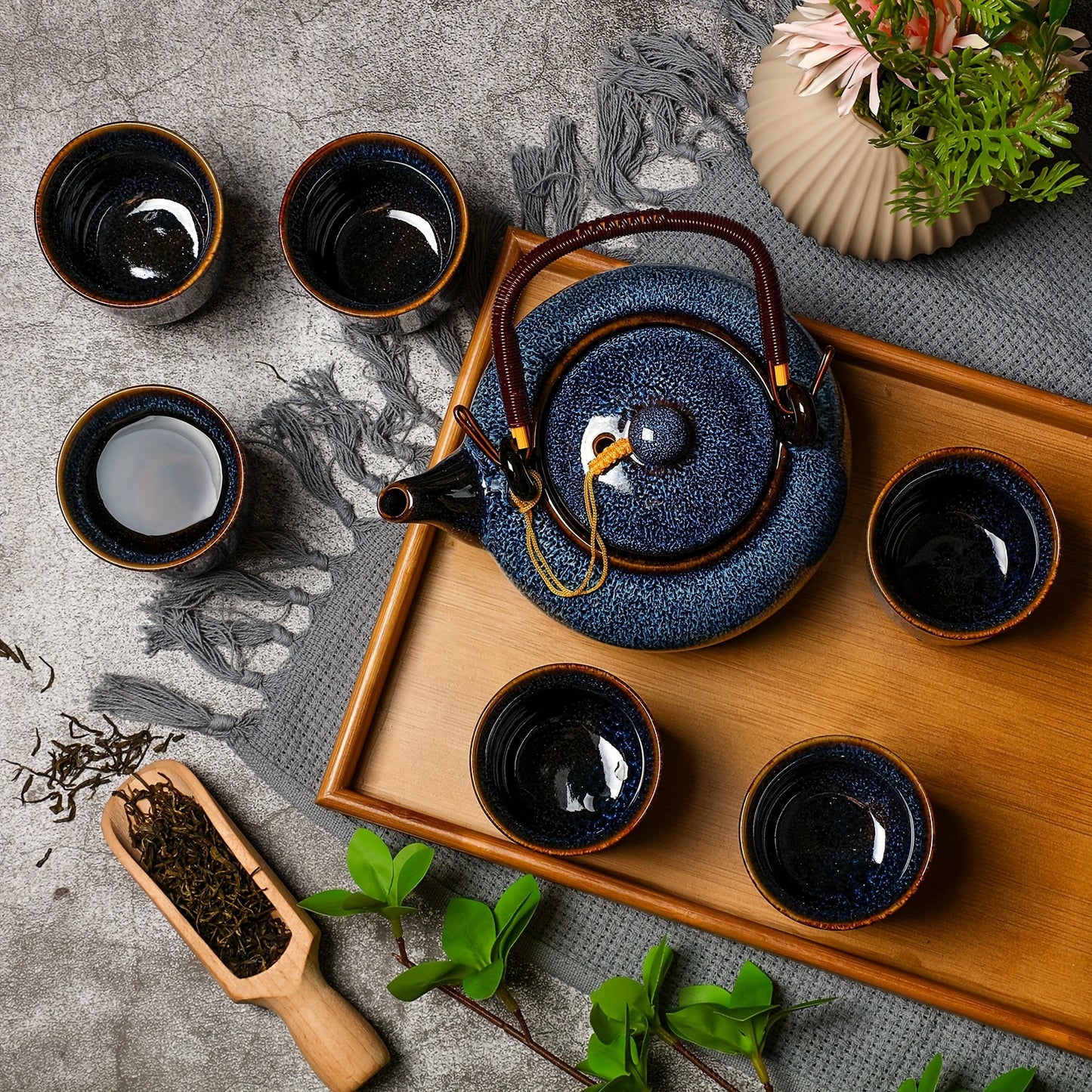 Japanese Tea Set 7 Pieces Teapot 6 Cups Tray Blue Porcelain