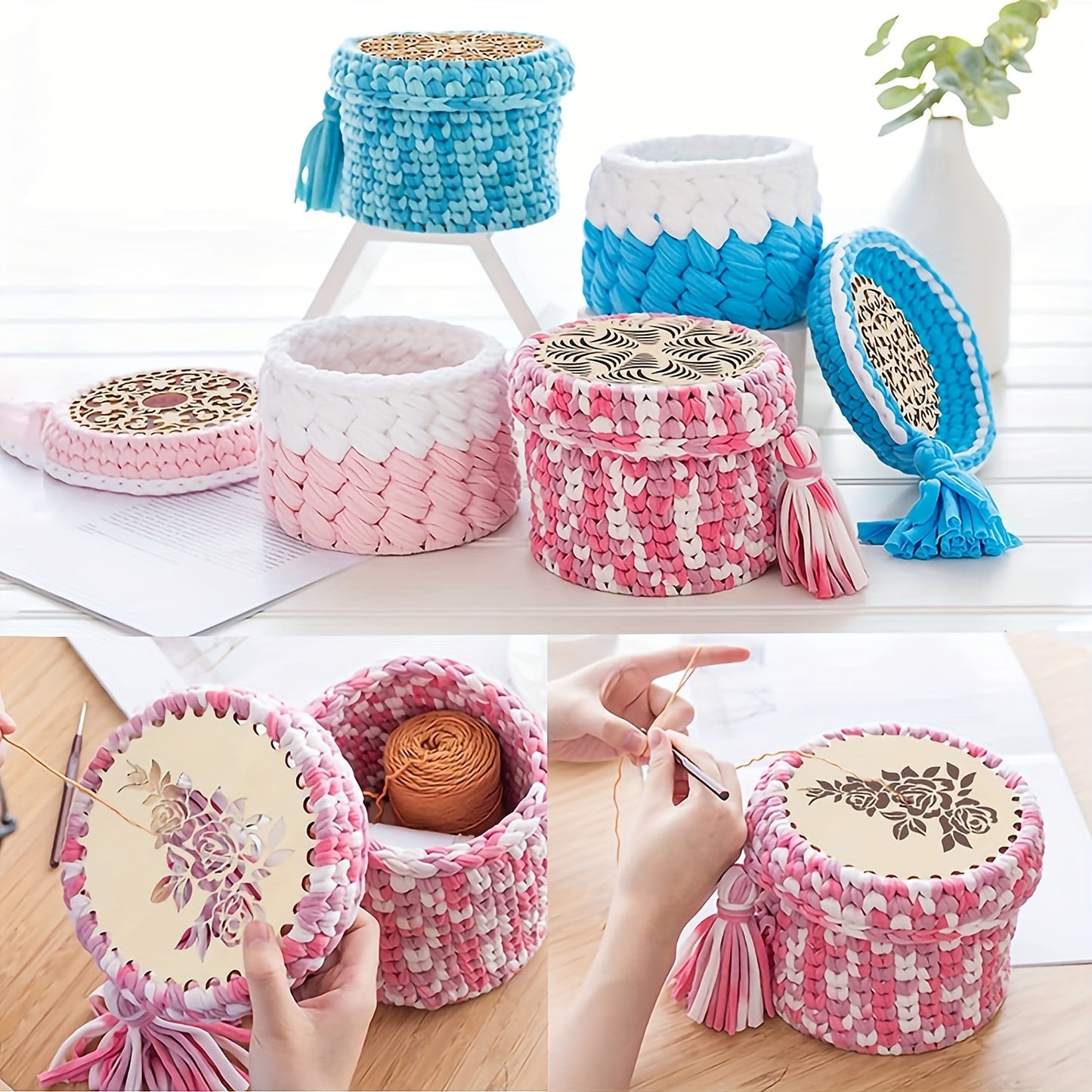 Apricot Crochet Basket Kit 8 Pcs With Wooden Bases And Lids