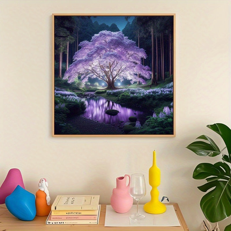 5D Purple Night Light Cherry Blossom Diamond Painting Kit