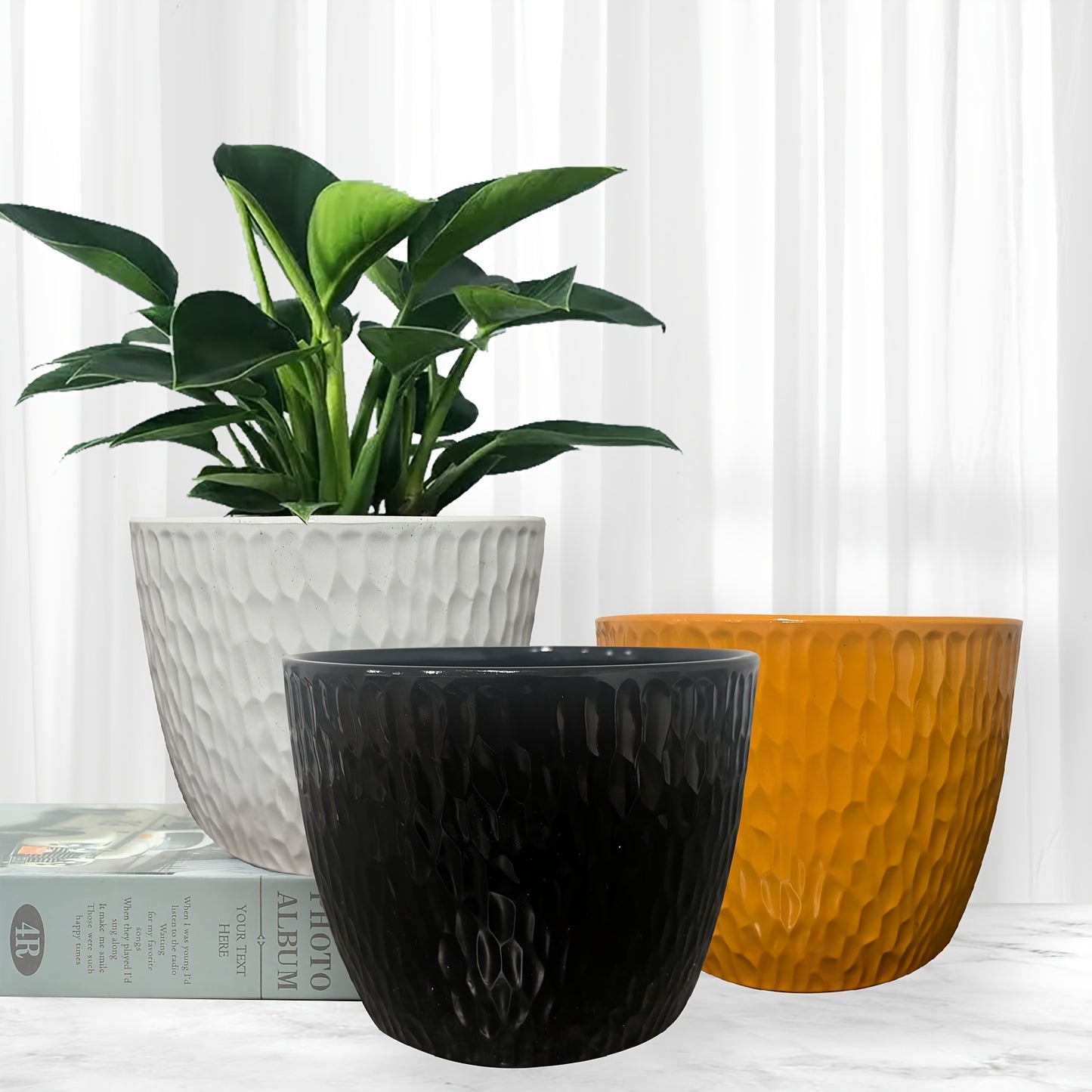3-Piece PolyStone Modern Round Planters, Indoor Outdoor