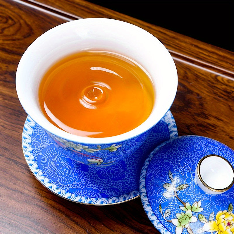 Ceramic Enamel Covered Tea Cup Set With Lid And Decor