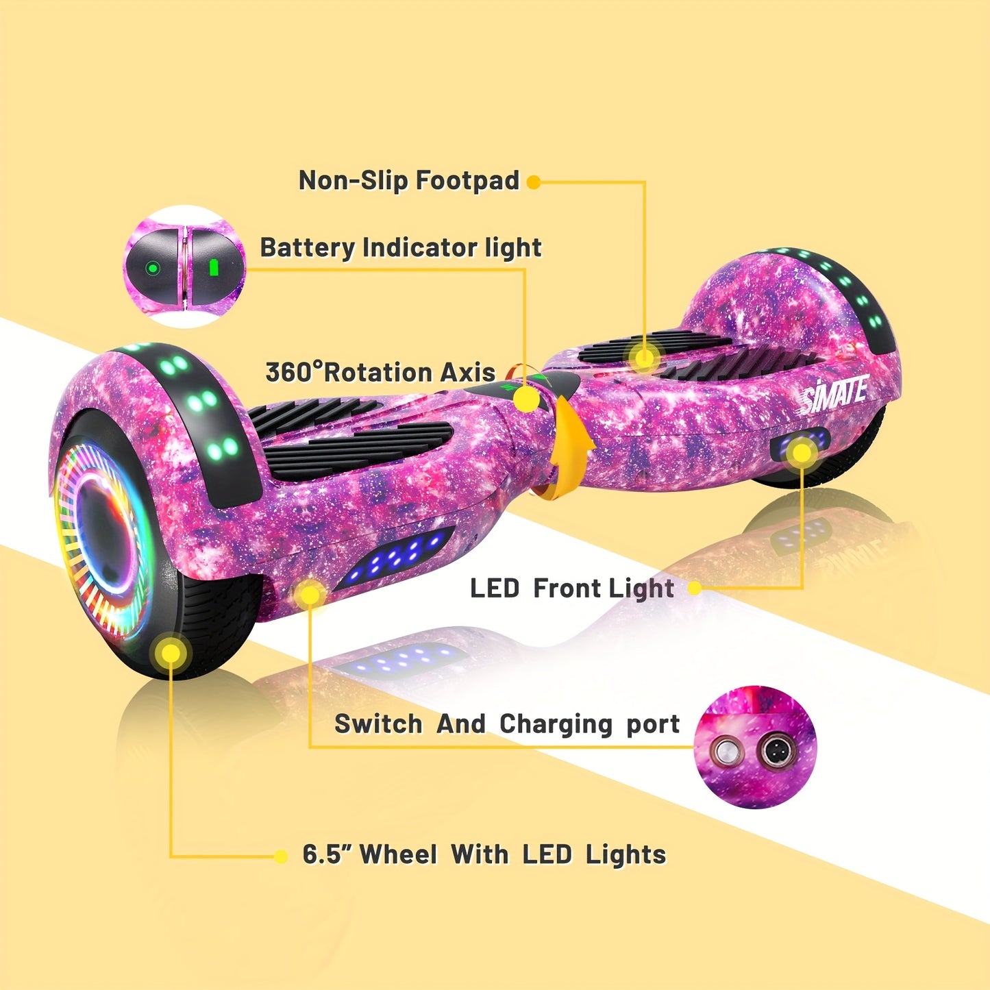 Simate 6.5 Inch Self Balancing Hoverboard Led Lights 7.5mph