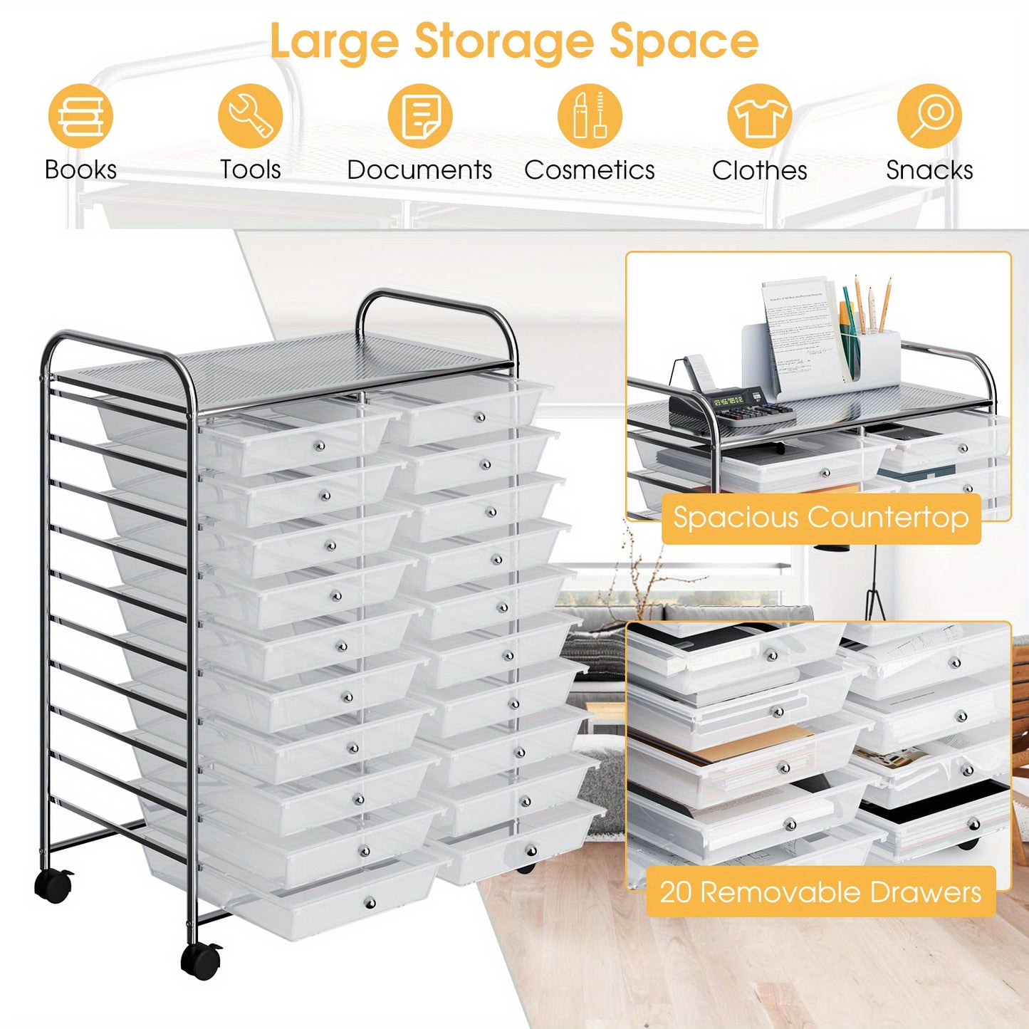 Lifezeal 20-Drawer Rolling Cart Storage Organizer Clear