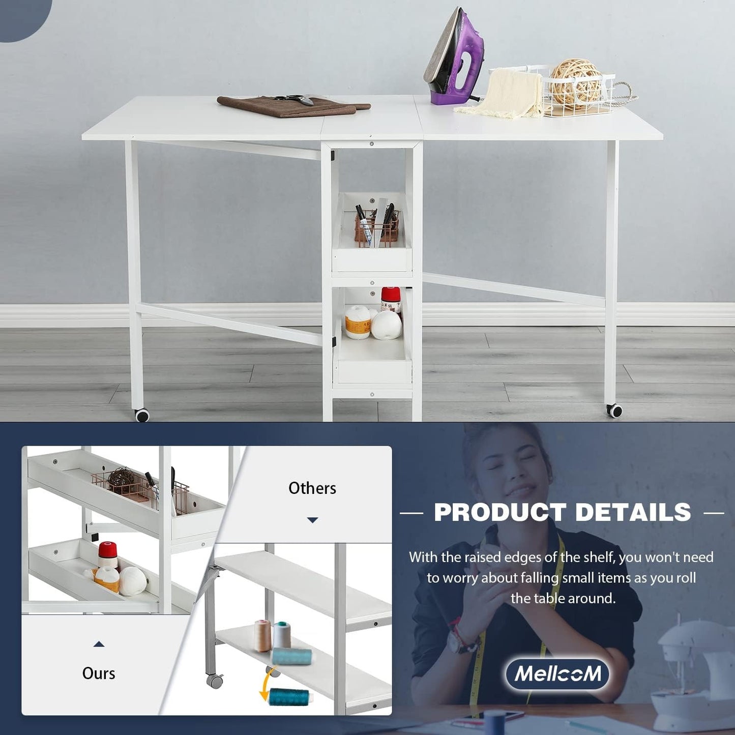 Erinnyees Folding Cutting Table With Storage Shelves
