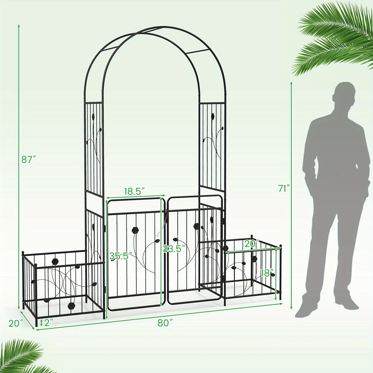 87 Inch Black Metal Garden Arbor With Lockable Gate