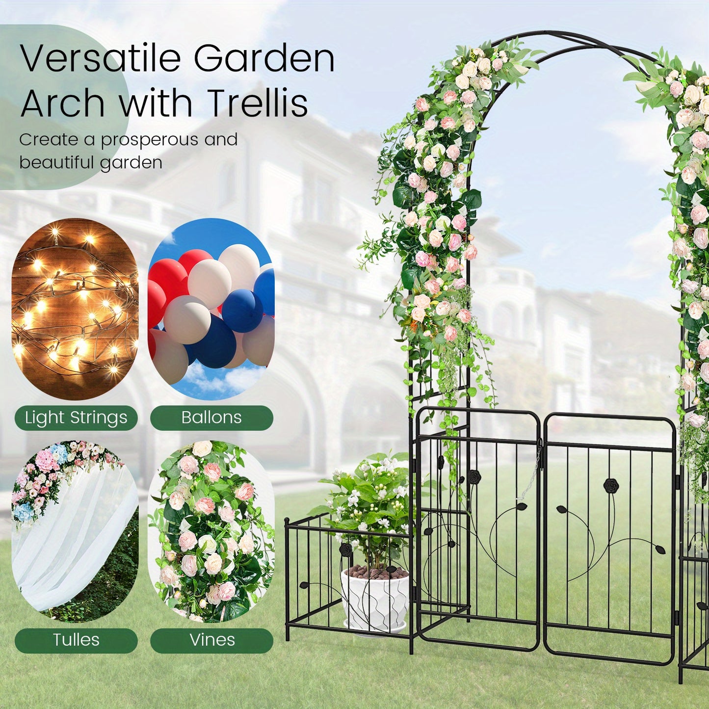 87 Inch Black Metal Garden Arbor With Lockable Gate