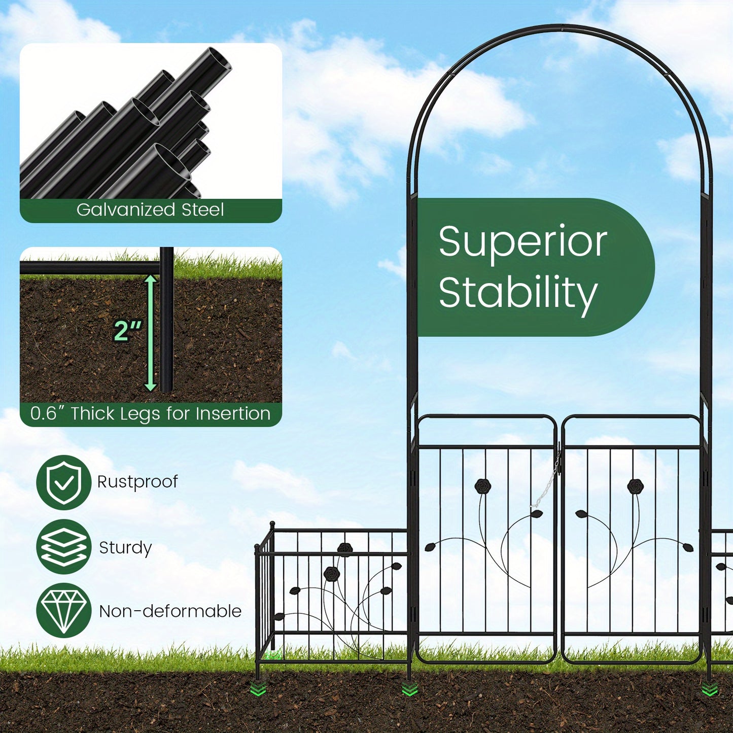 87 Inch Black Metal Garden Arbor With Lockable Gate