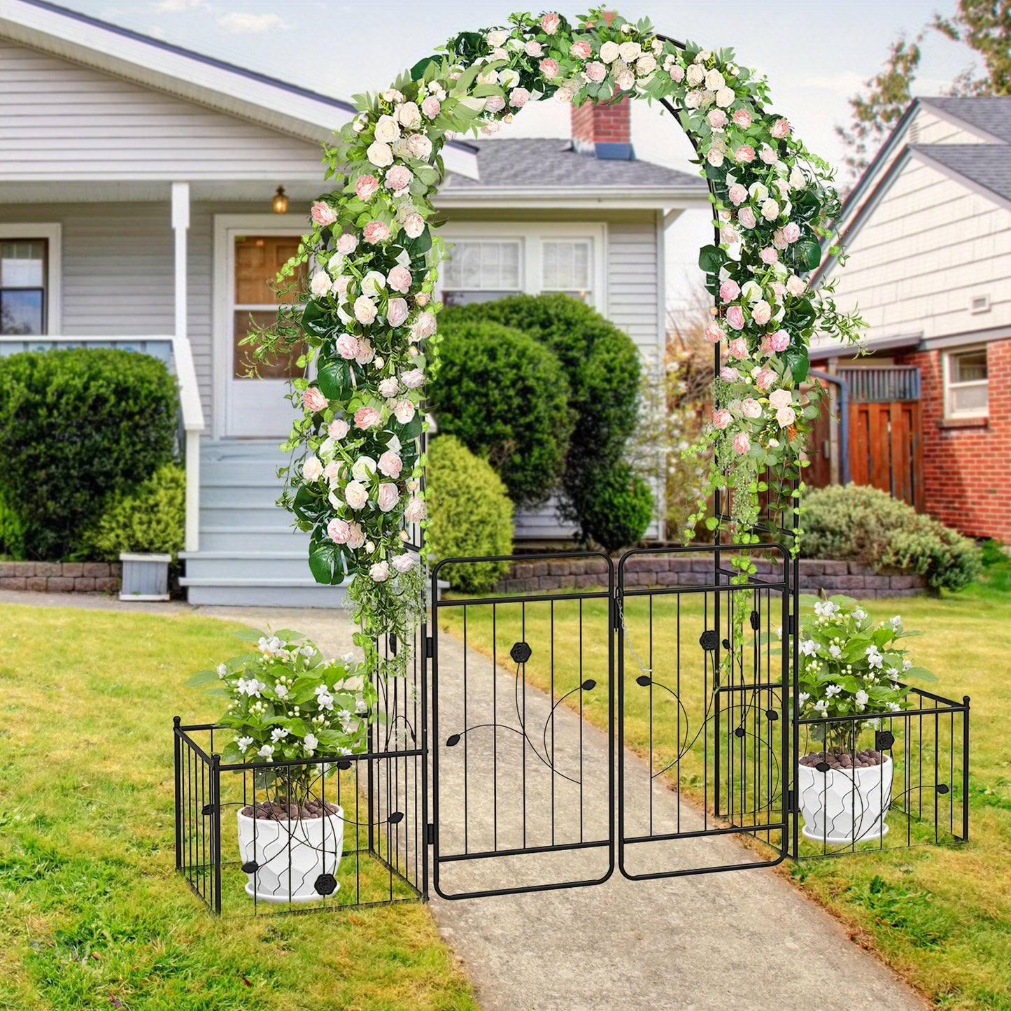 87 Inch Black Metal Garden Arbor With Lockable Gate