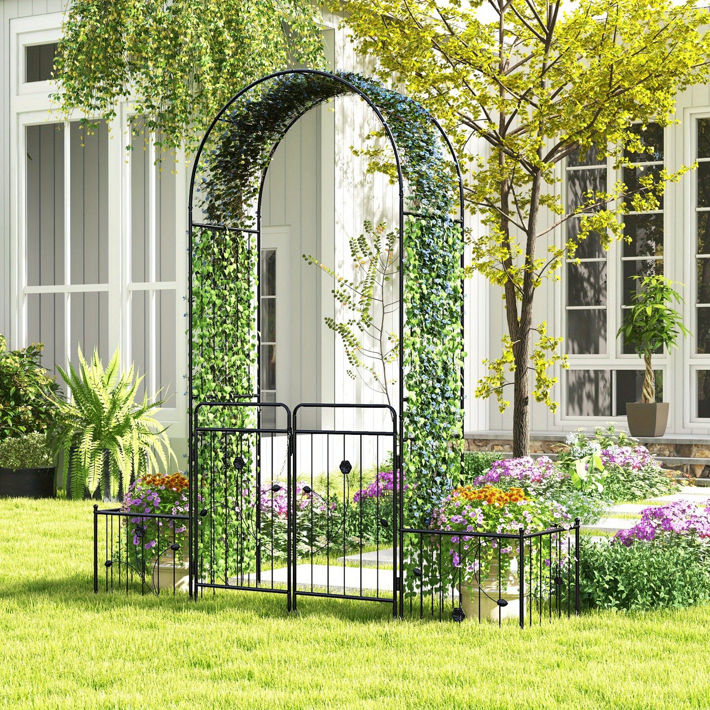 87 Inch Black Metal Garden Arbor With Lockable Gate