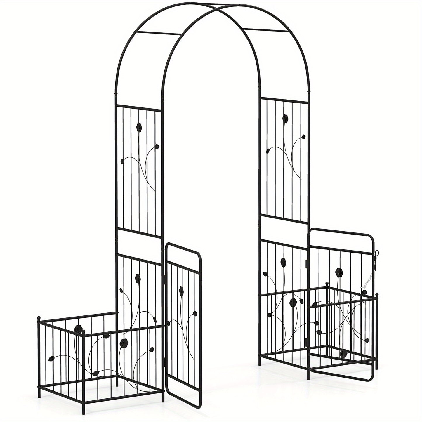 87 Inch Black Metal Garden Arbor With Lockable Gate