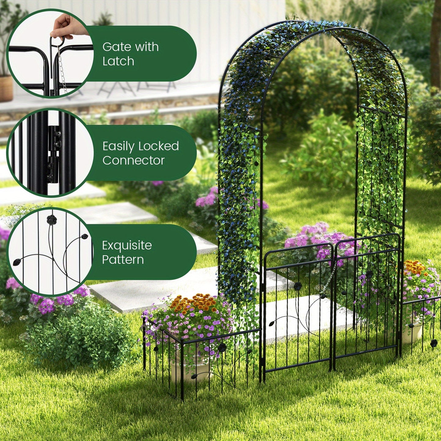 87 Inch Black Metal Garden Arbor With Lockable Gate