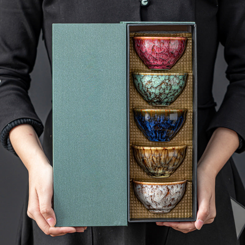 Handmade Ceramic Teacup Set With Unique Glaze Patterns Gift