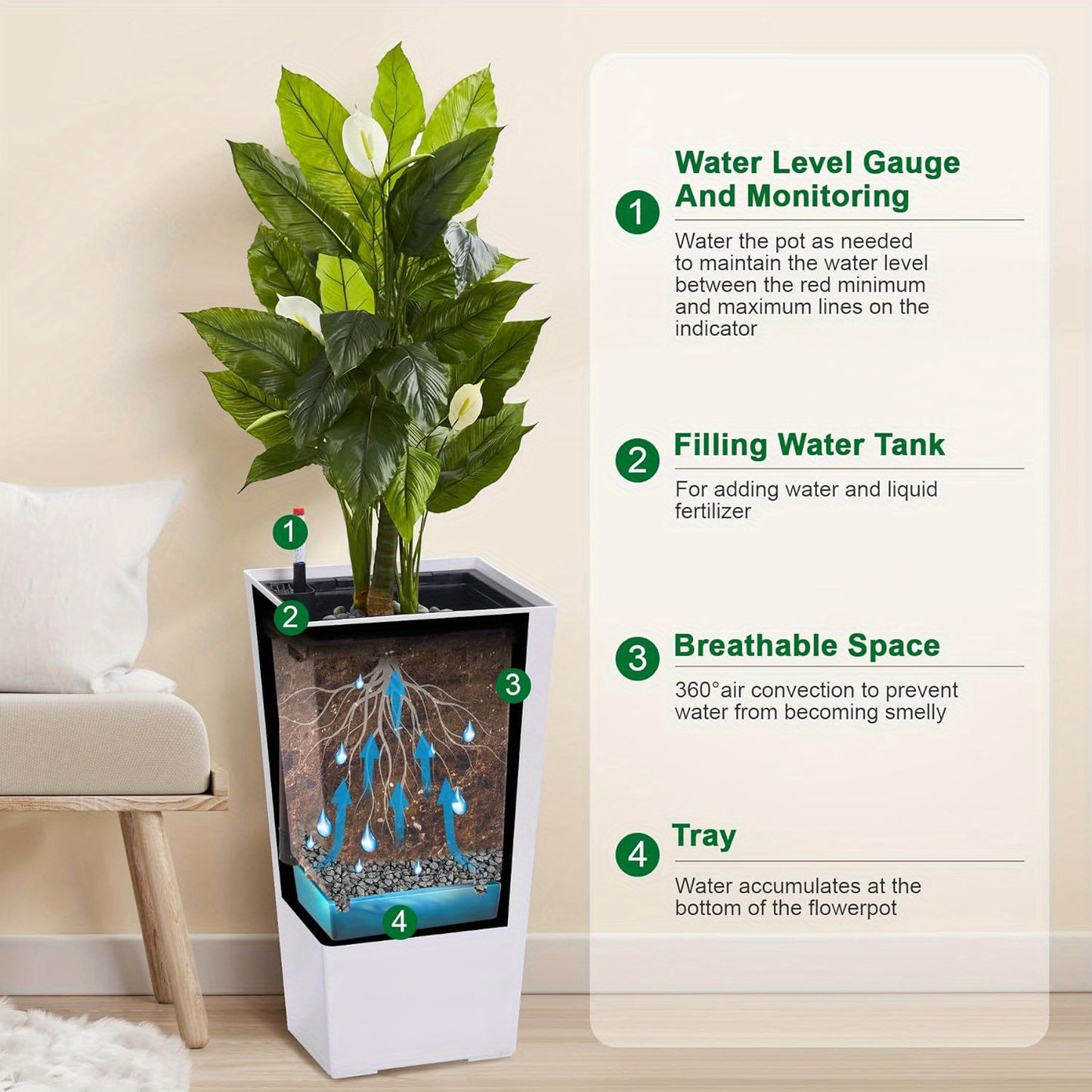 Tall Modern Planters Set Of 2 For Indoor Outdoor With Auto Watering