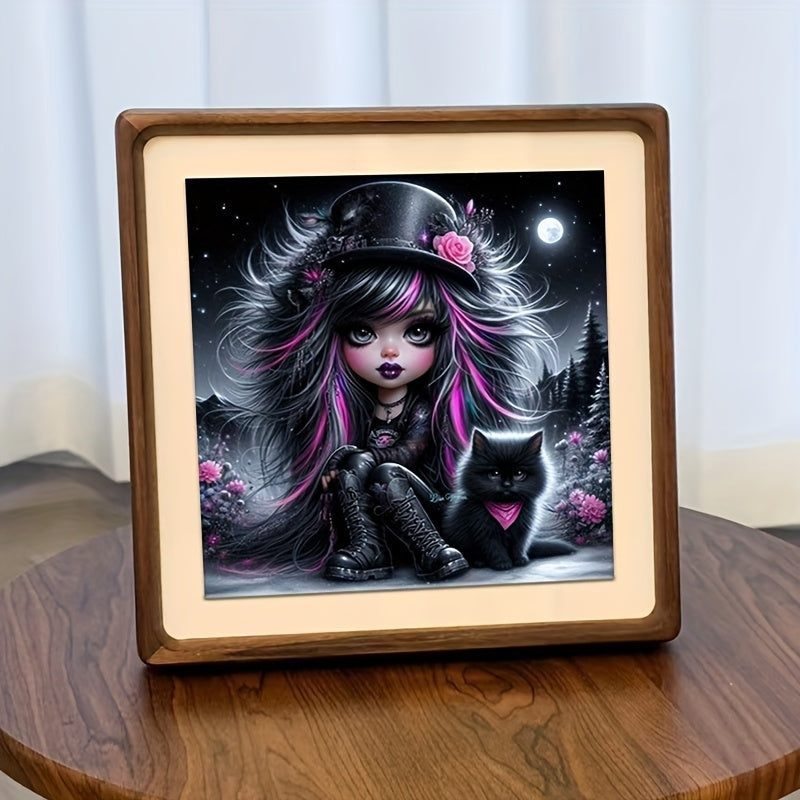 Girl With Black Cat 5D Diamond Art Kit Round Drill Beginner