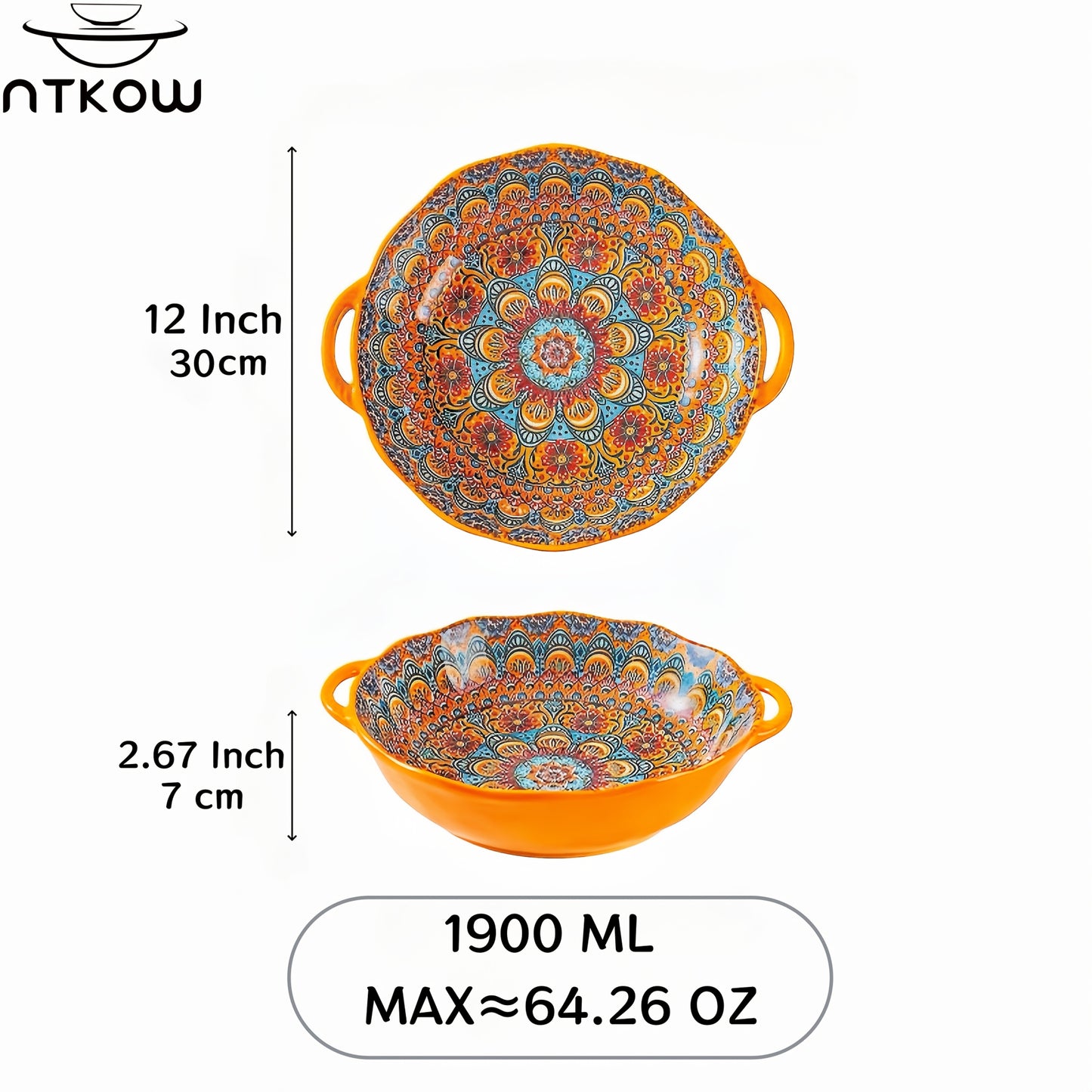 NTKOW Bohemian Ceramic Salad Bowl 12 Inch Dual Handles