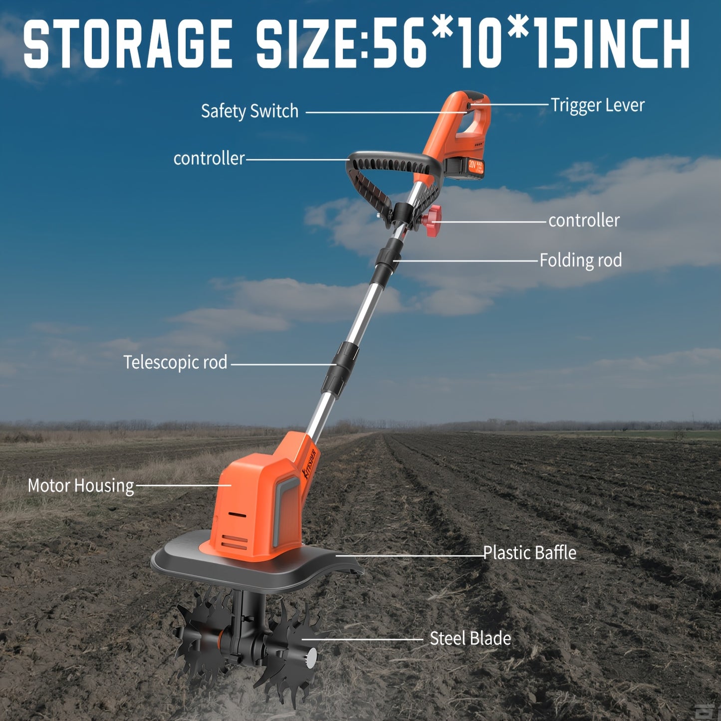 KITESDER 20V Tiller Cultivator 9 Inch Wide 4x12 Tines