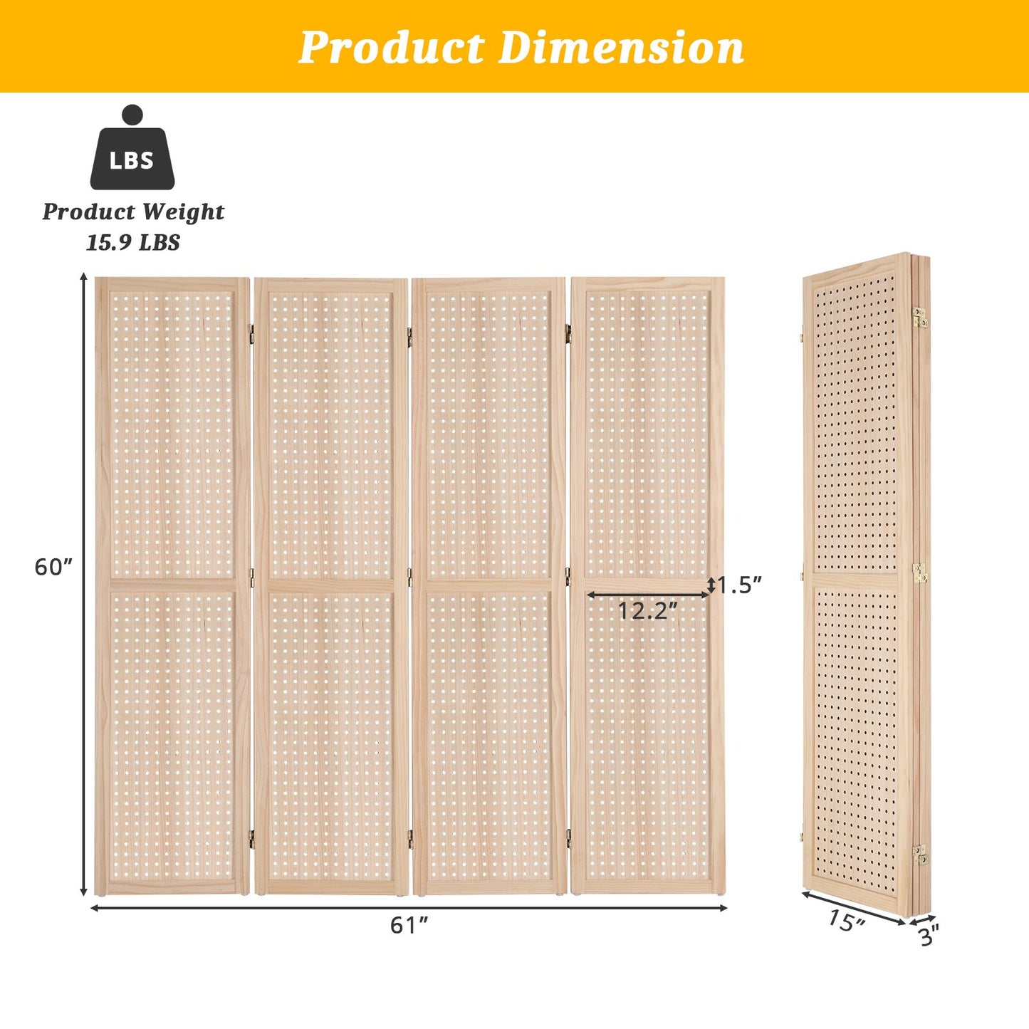 5 Ft Wood Freestanding Pegboard Room Divider Organizer