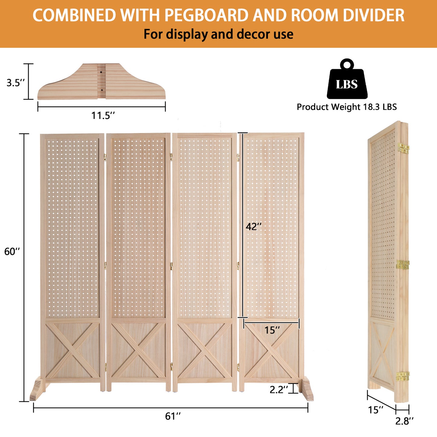 Vingli 60 Inch Freestanding Wood Pegboard Room Divider