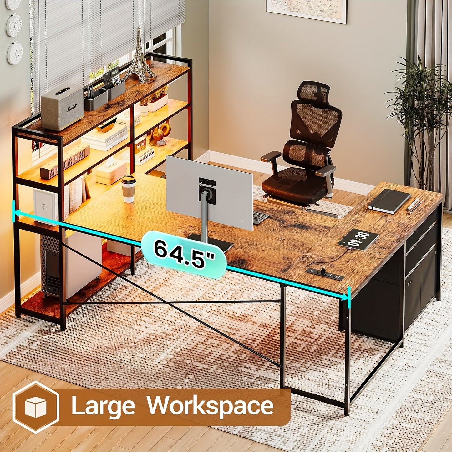 64.5 Inch Reversible L Shaped Gaming Desk with Storage