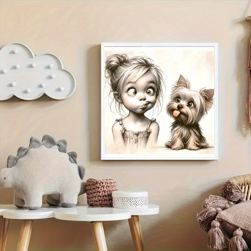 Diamond Art DIY Full Round Grumpy Face With Kid Dog
