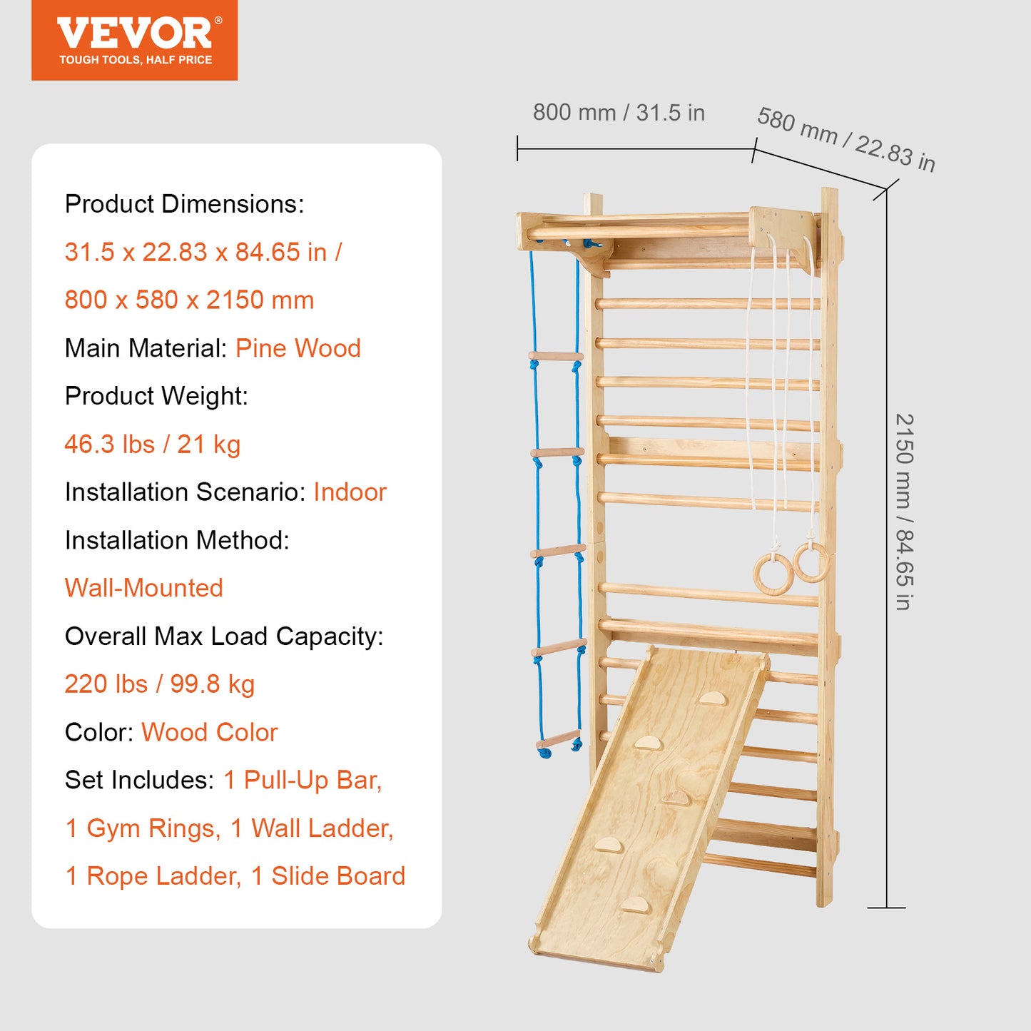 Wooden Indoor Swedish Ladder Wall Gym 5 in 1 for Children