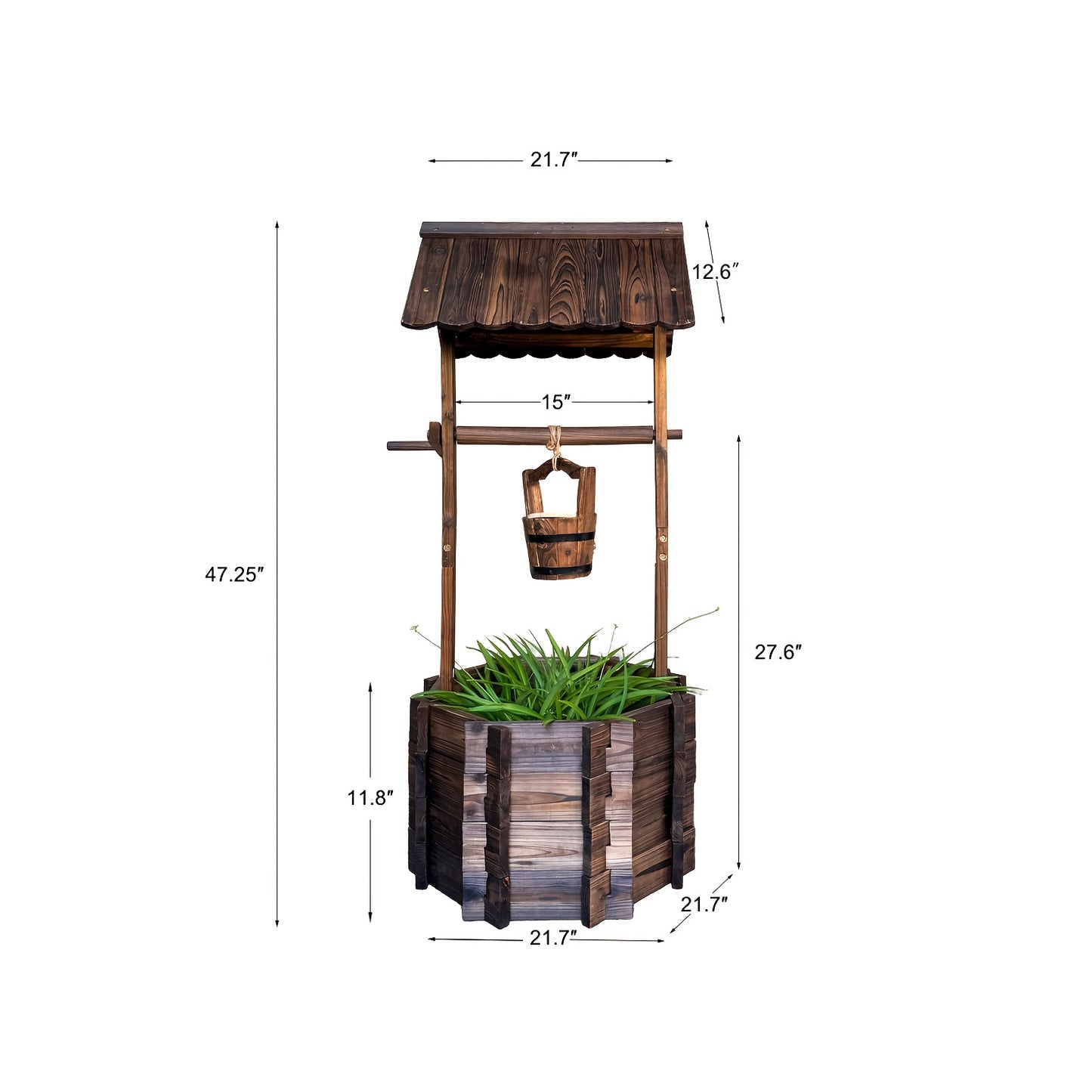 Rustic Wooden Wishing Well Planter With Hanging Bucket