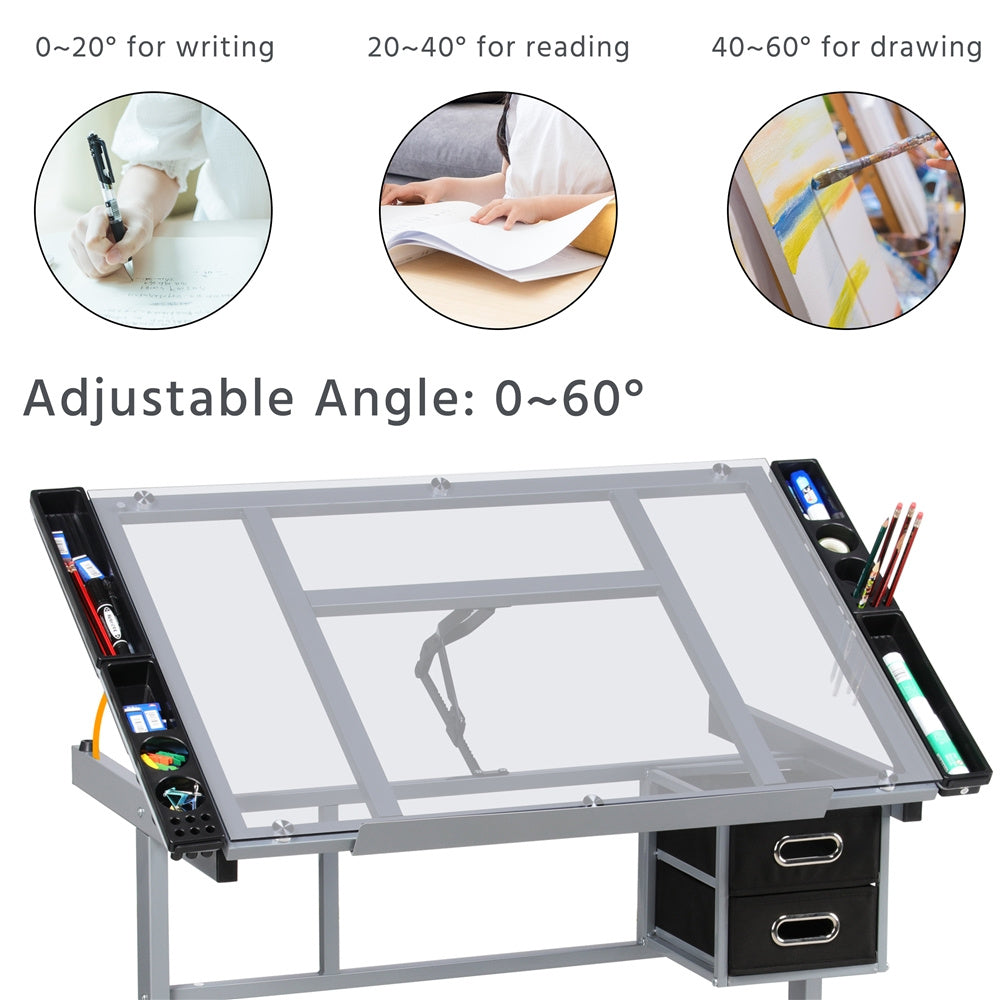 Costoffs Adjustable Glass Art Desk With Wheels And Drawers