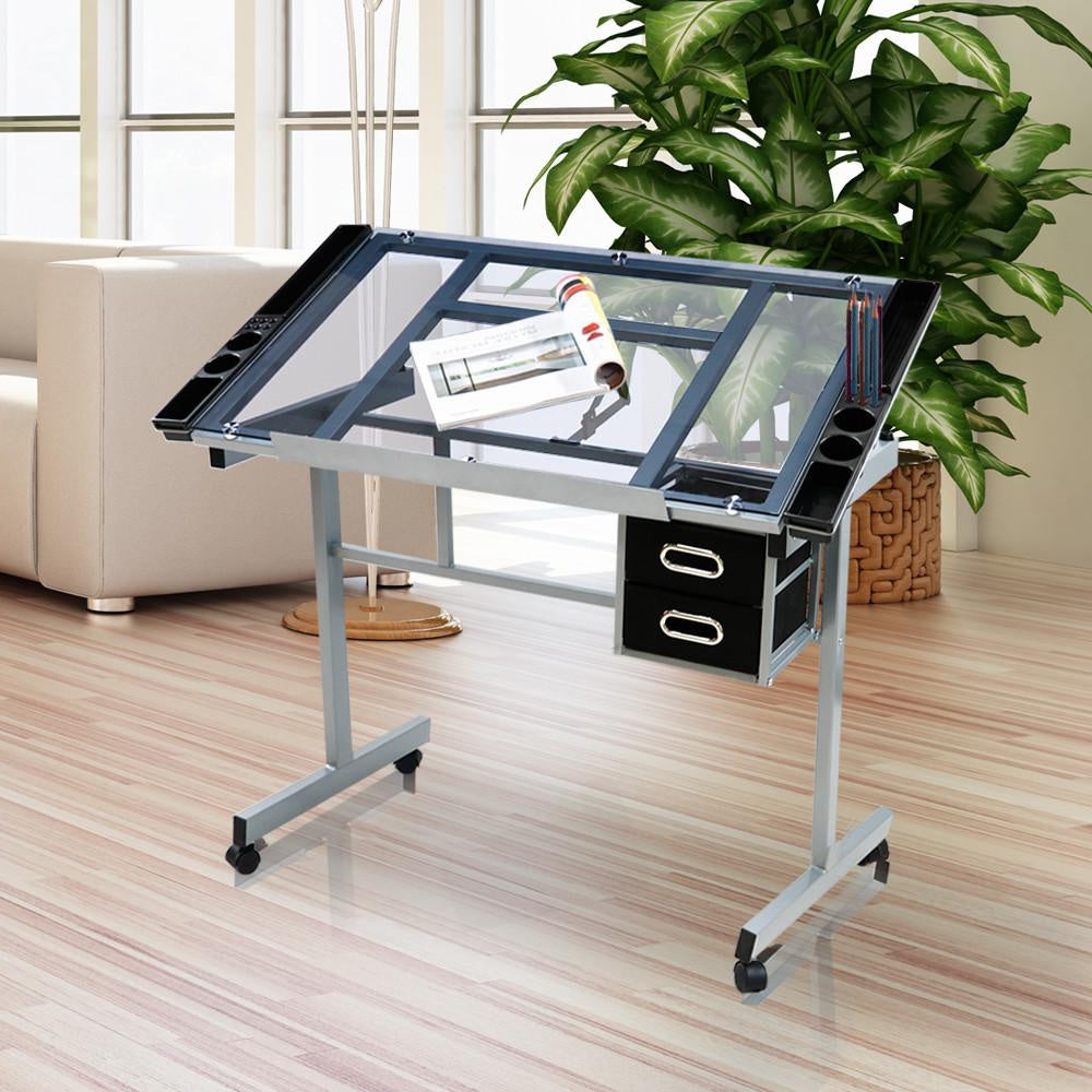Costoffs Adjustable Glass Art Desk With Wheels And Drawers