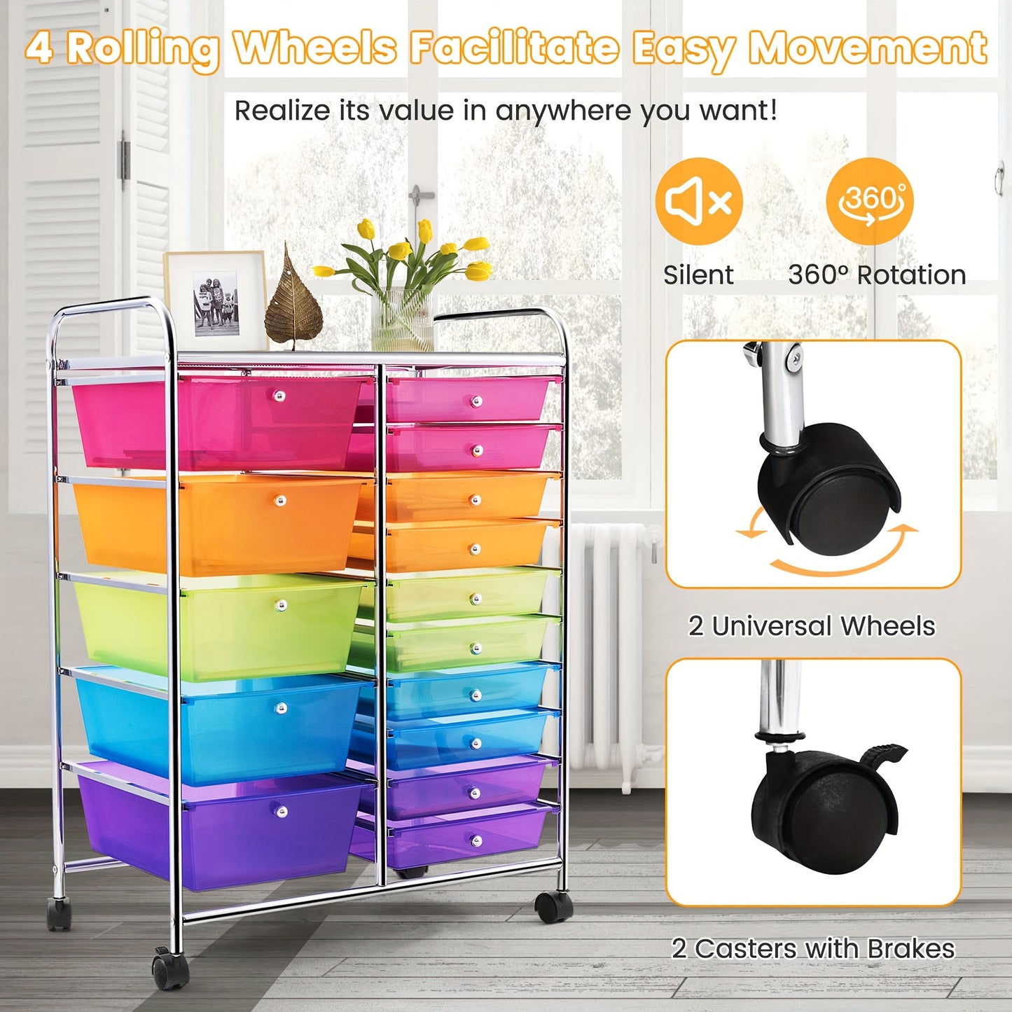 Costway 15-Drawer Rolling Storage Cart for Office and School