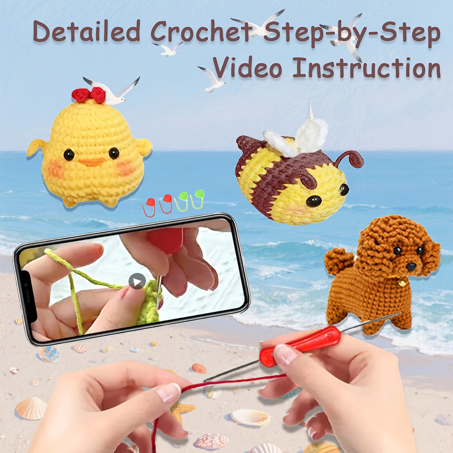 Seven Piece Beginner Crochet Kit Dinosaur Panda Frog