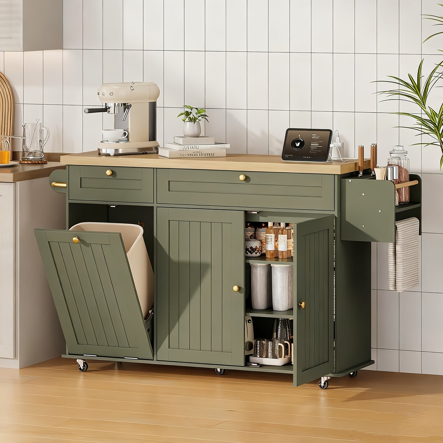 60 Inch Mobile Kitchen Island Cart With Power Outlet