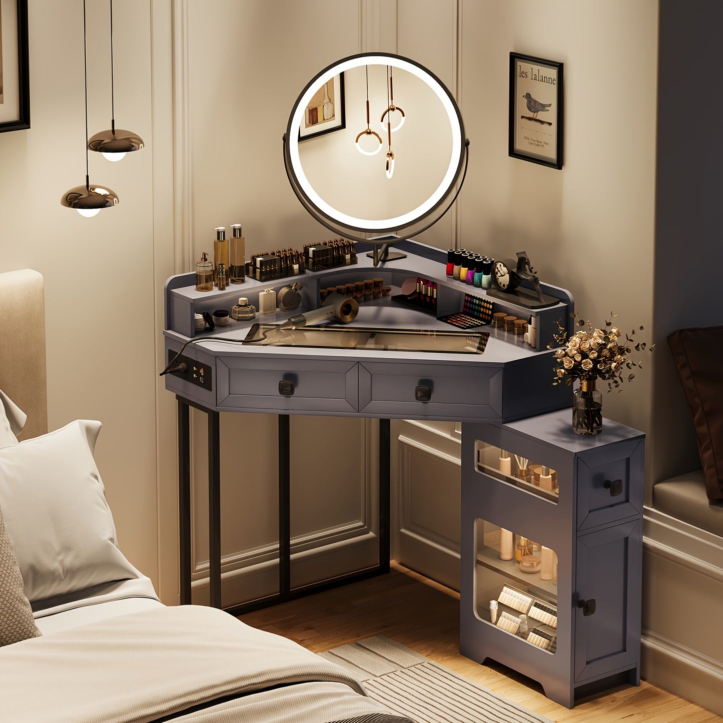 Dystler Corner Vanity With Mirror And Lights White Glass