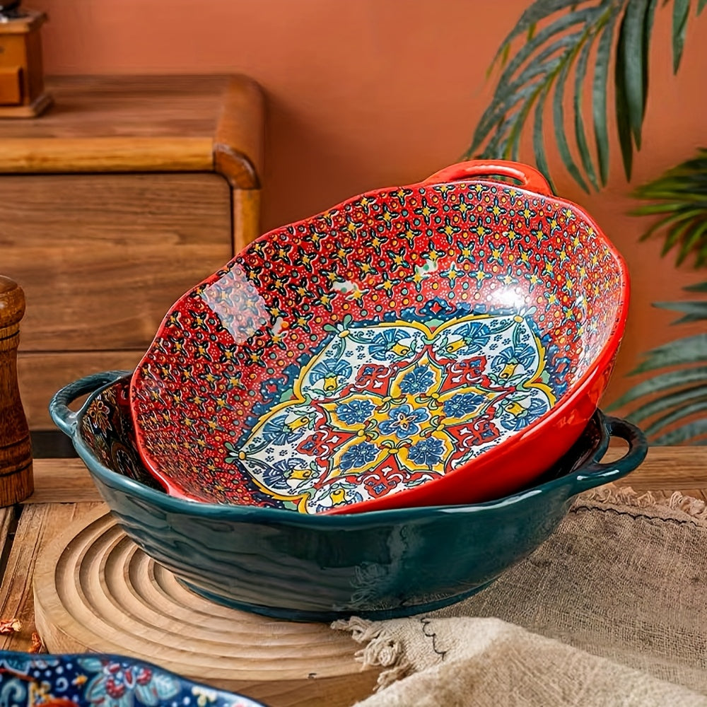 NTKOW Bohemian Ceramic Salad Bowl 12 Inch Dual Handles