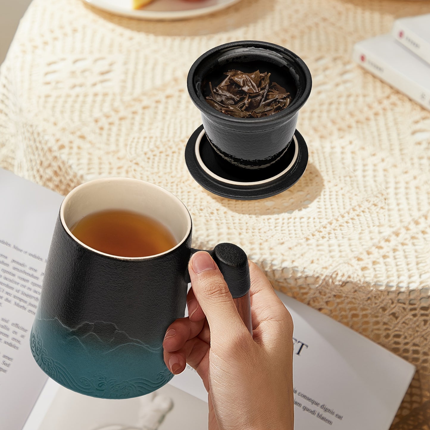 Ceramic Teapot With Infuser And Lid Wooden Handle For Tea