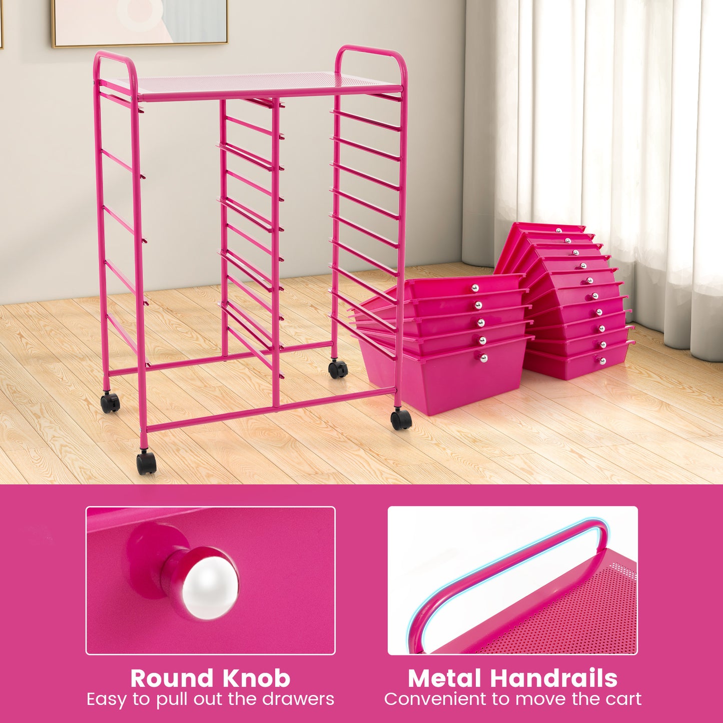 MULTIGOT Pink Cast Iron 15-Drawer Rolling Storage Cart