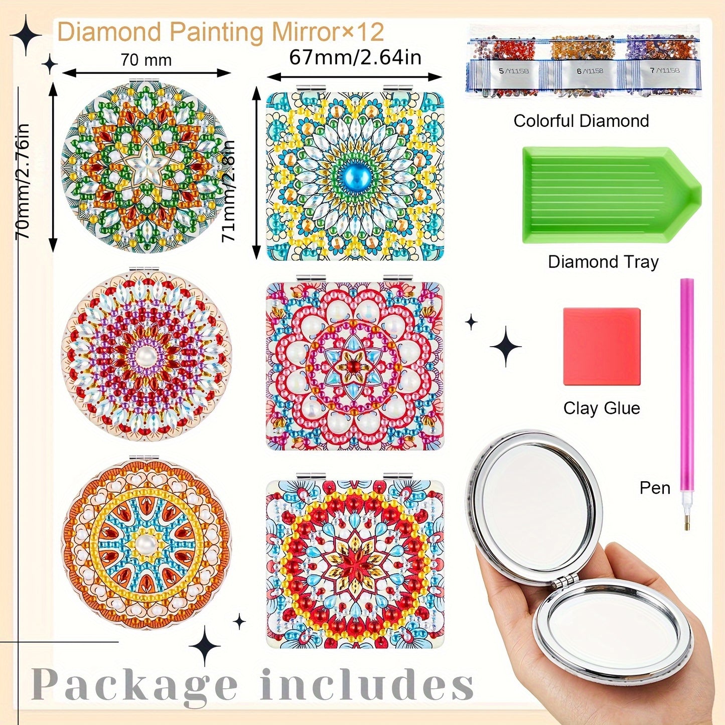 Mandala Diamond Painting Mirror Kit 12pcs Portable Pocket
