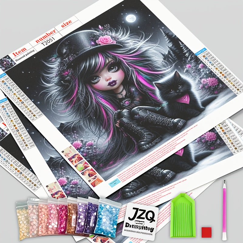 Girl With Black Cat 5D Diamond Art Kit Round Drill Beginner