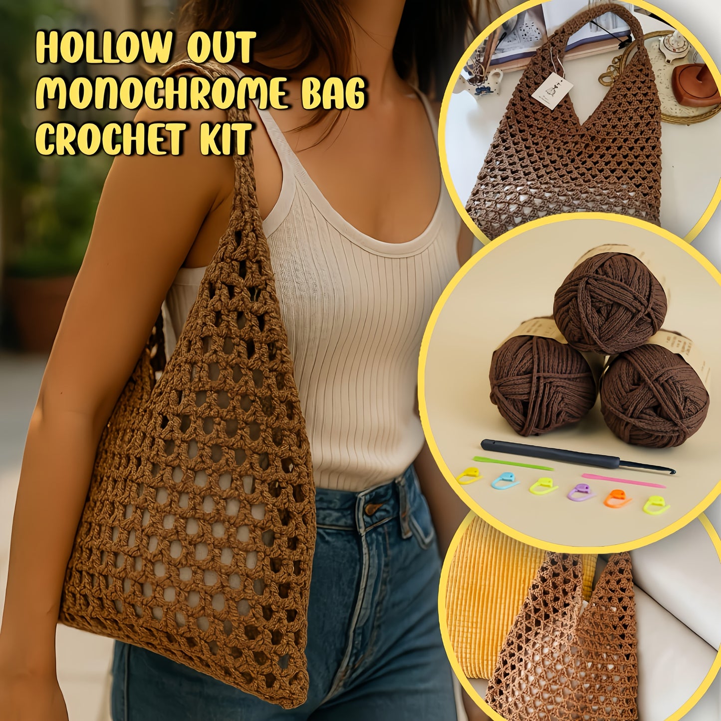 Beginner Crochet Kit for Mesh Shoulder Bag Brown Yarn Set