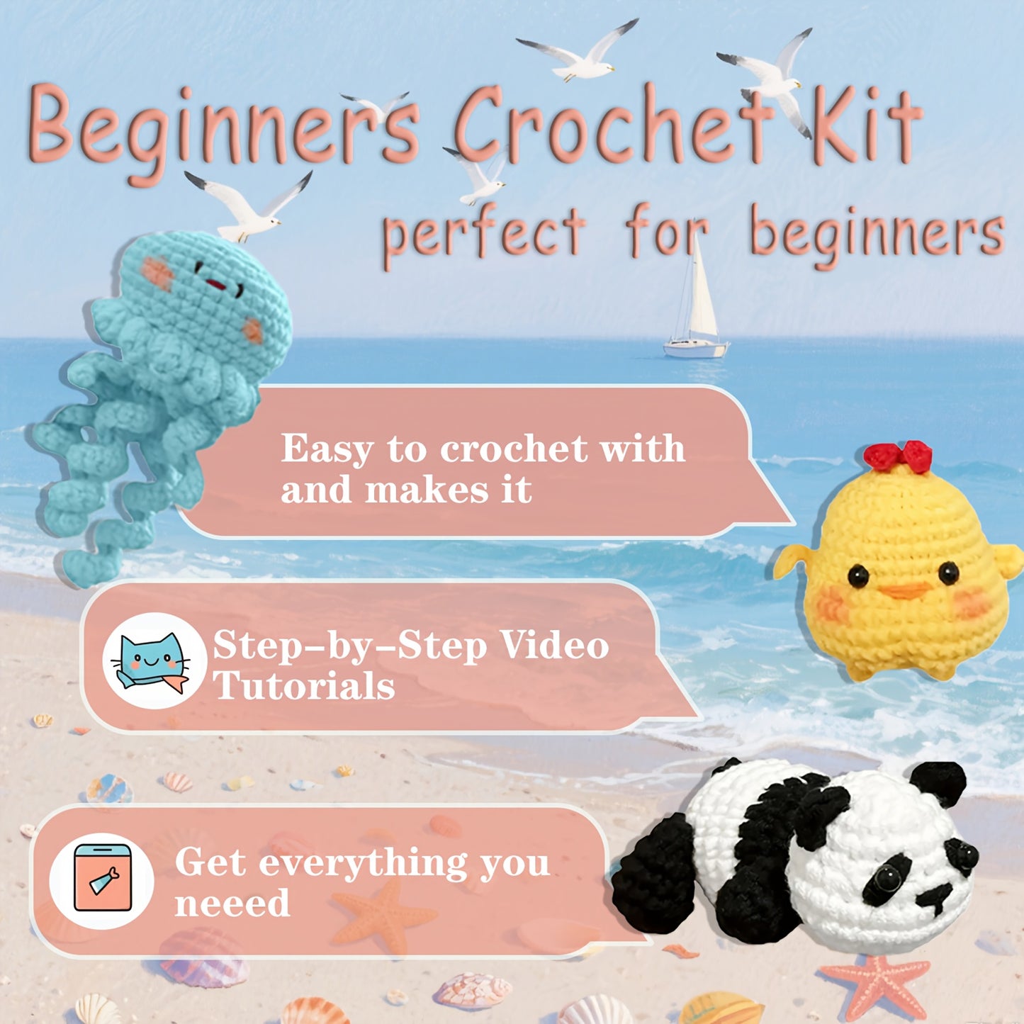 Seven Piece Beginner Crochet Kit Dinosaur Panda Frog