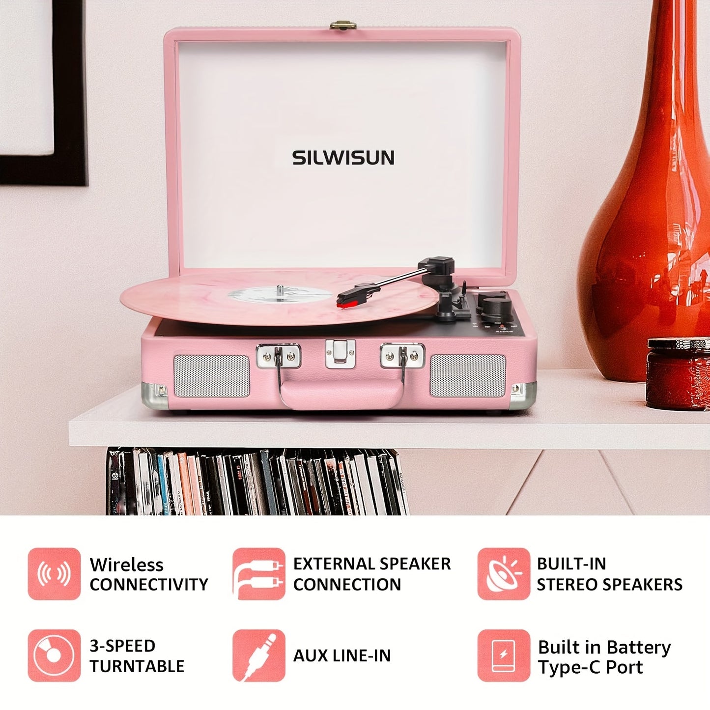 Pink Portable Bluetooth Vinyl Record Player 3 Speed Battery