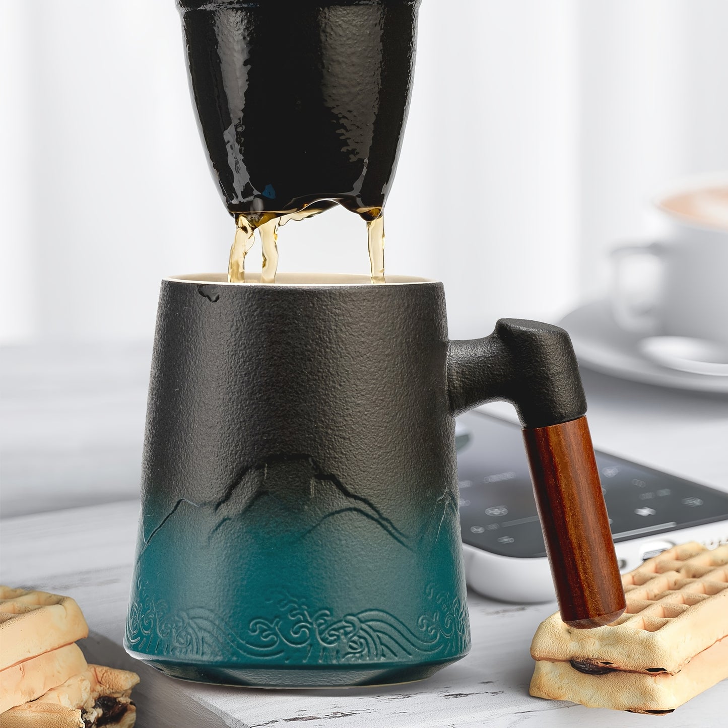 Ceramic Teapot With Infuser And Lid Wooden Handle For Tea