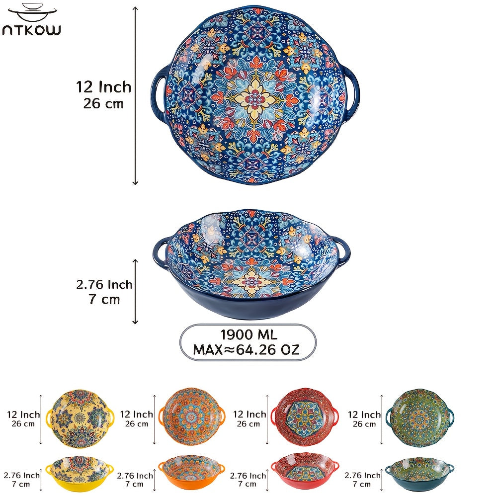 NTKOW Bohemian Ceramic Salad Bowl 12 Inch Dual Handles