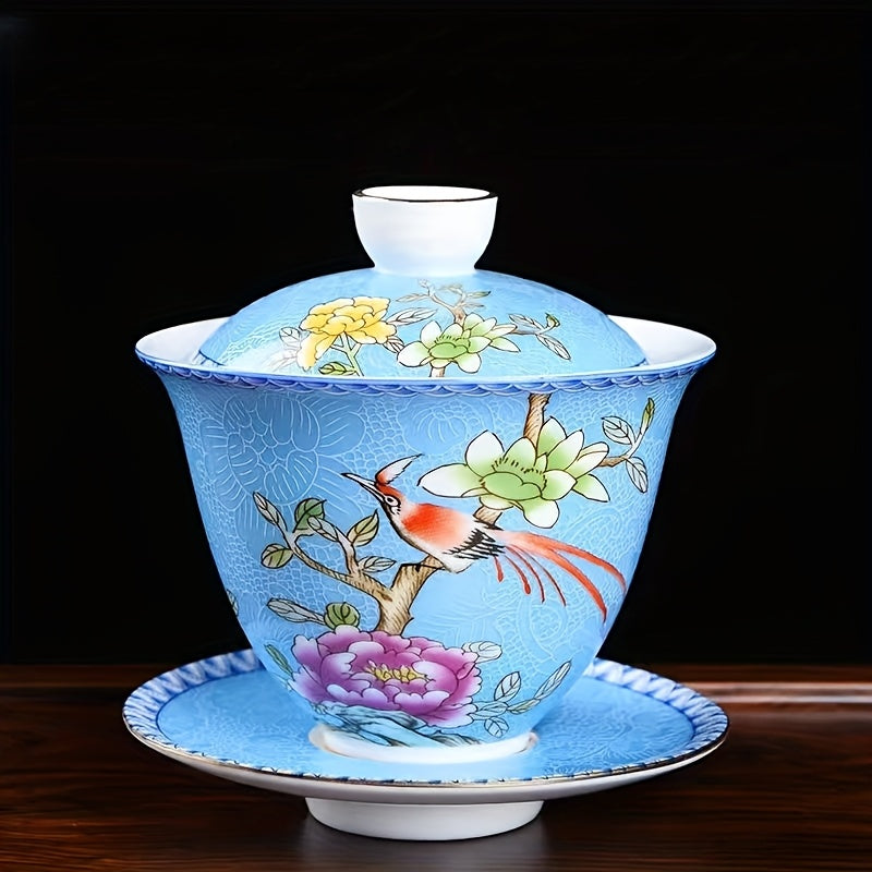Ceramic Enamel Covered Tea Cup Set With Lid And Decor