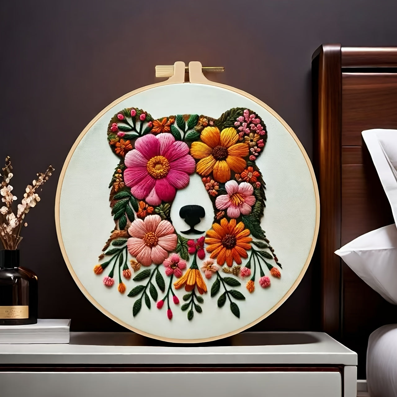 Vibrant Floral Embroidery Kit Bear And Flower Black Outline